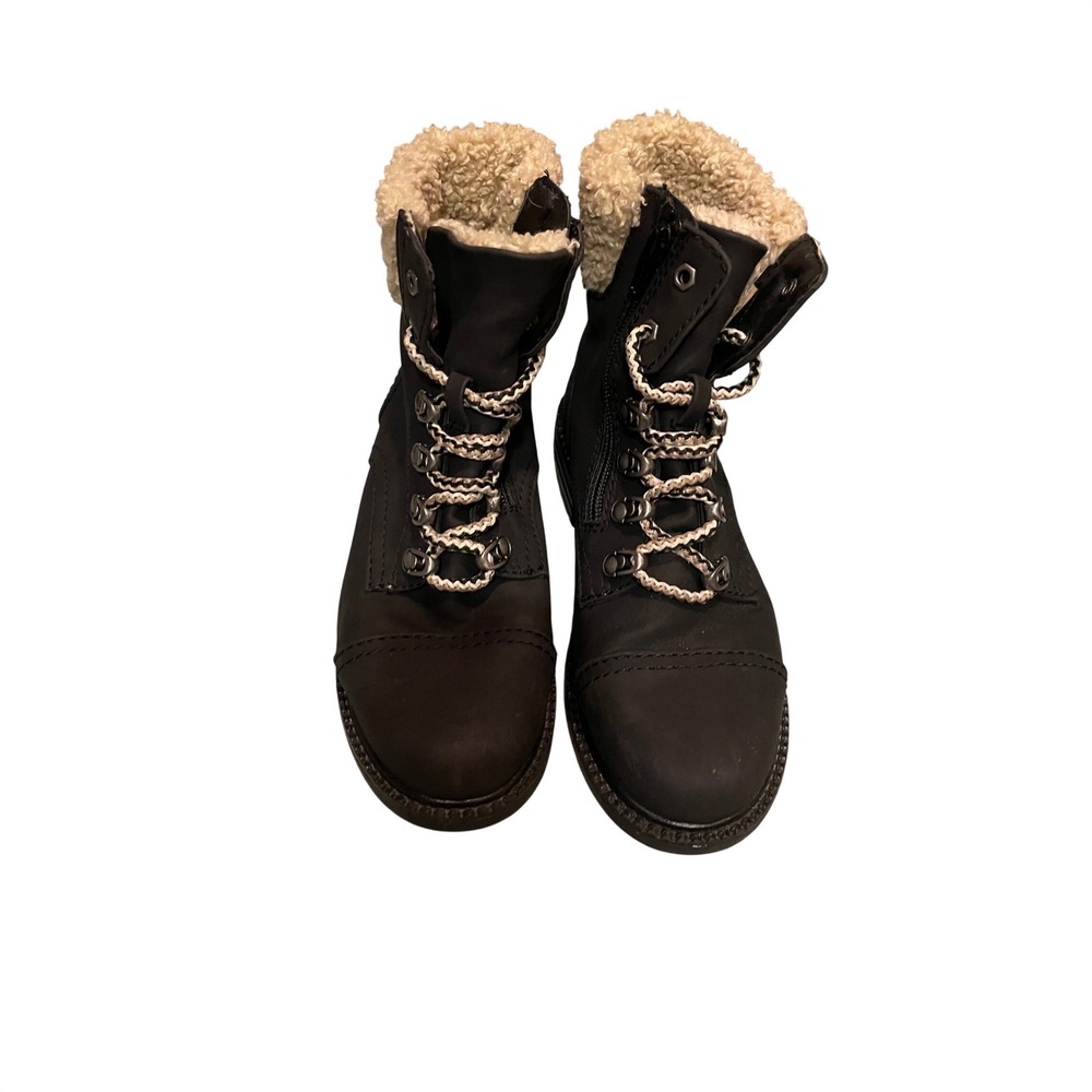 Report Womens Black Faux Shearling Trim Combat Boots Lace Up Side Zip Size 6.5